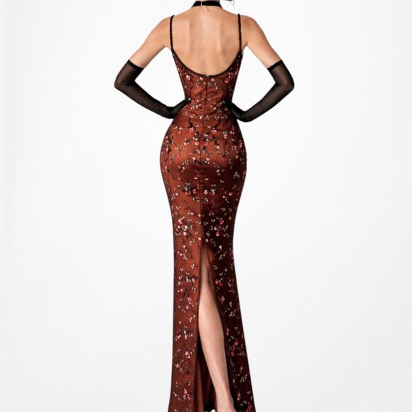 Vintage Y2K Orange Silk Brown Floral Beaded Mesh Bodycon Maxi Prom Dress Size M - Picture 4 of 8